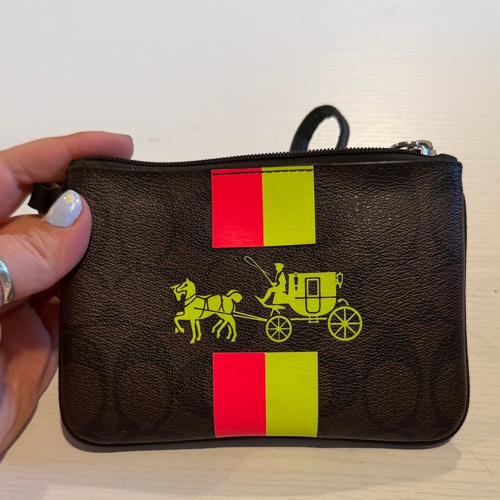 Coach Brown Signature Wristlet with Neon Pink and Neon Yellow Accents